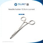 Curved 13.5cm stainless steel needle holder surgical instrument by Talent Surgical on white background.