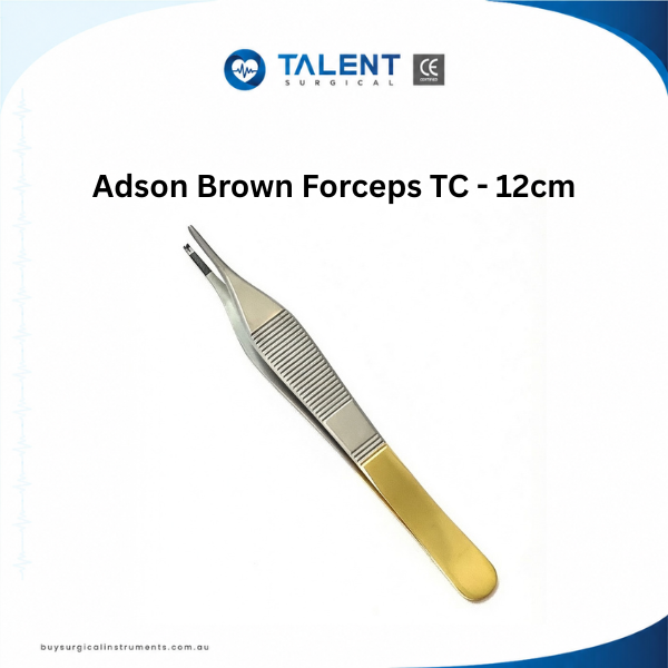 Adson Brown Forceps tc Talent Surgical 12cm Adson Brown Forceps TC featuring gold handles and premium tungsten carbide tips for tissue grip.