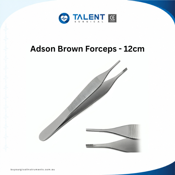 Adson Brown Forceps - 12cm Talent Surgical 12cm Adson Brown Forceps showing the full stainless steel tissue forceps and a close-up of the fine serrated teeth.