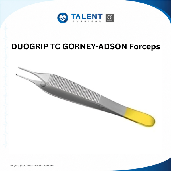 DUOGRIP TC GORNEY-ADSON Forceps Talent Surgical Duogrip TC Gorney-Adson Forceps with gold tungsten carbide tips for surgical precision.