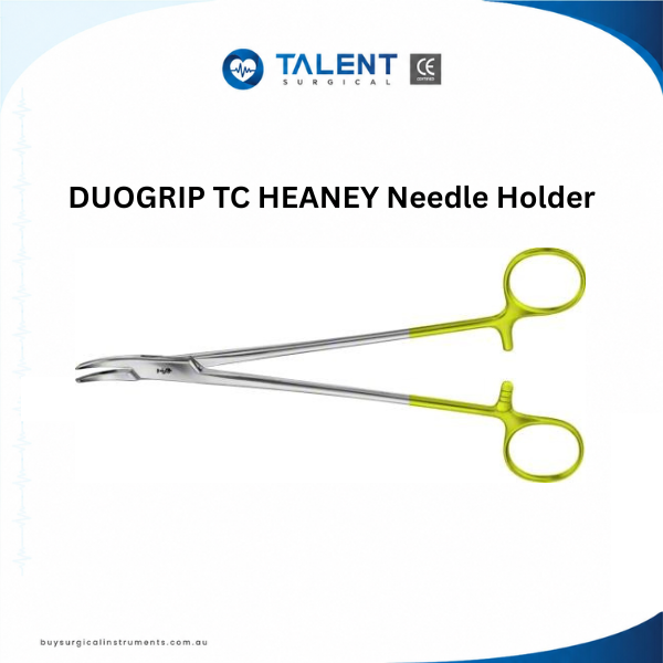 DUOGRIP TC HEANEY Needle Holder DUOGRIP TC HEANEY Needle Holder with tungsten carbide inserts for precise surgical suturing