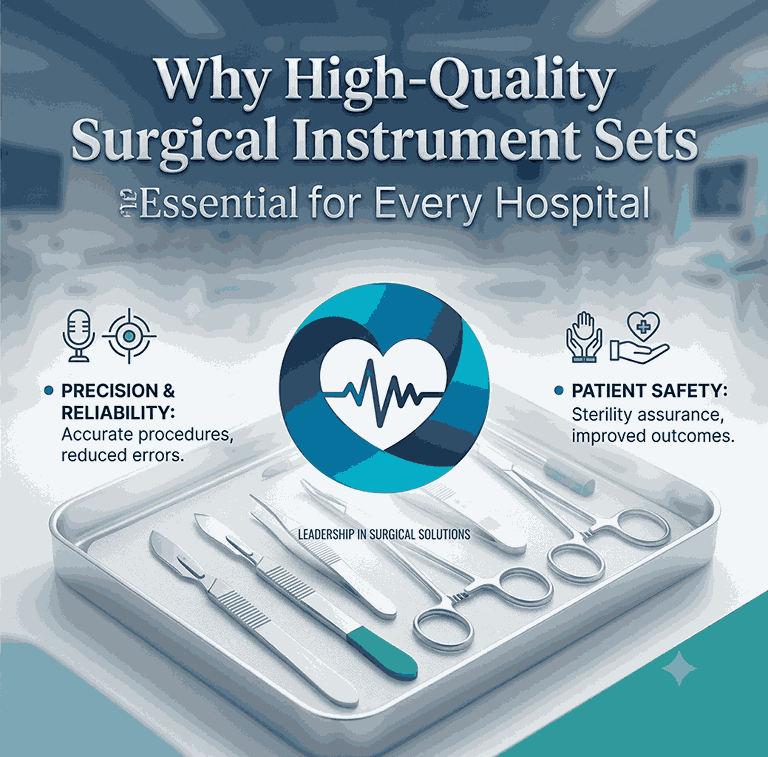 Infographic with logo and tray of tools, titled: Why High-Quality Surgical Instrument Sets Are Essential for Every Hospital.