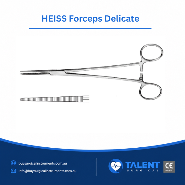 HEISS Forceps Delicate (1) Delicate hemostatic forceps with fine tips, designed for precision in surgical procedures and tissue handling.