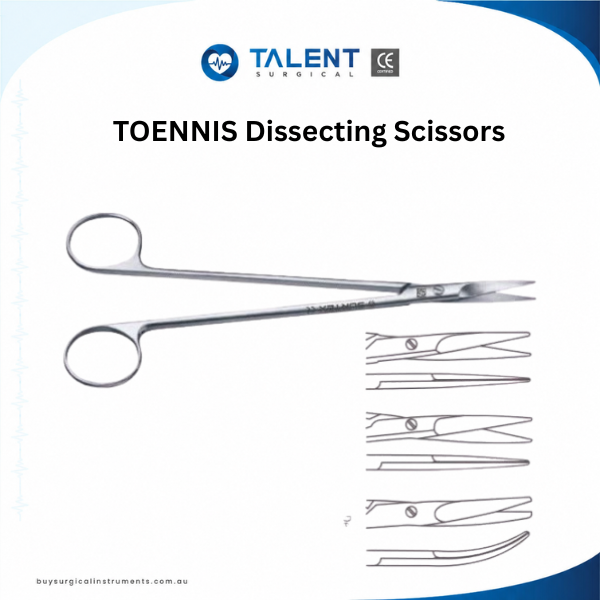 TOENNIS Dissecting Scissors Advertisement featuring surgical scissors, showcasing their sharp blades and comfortable grip for enhanced surgical performance.