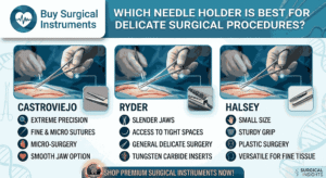 Castroviejo Ryder and Halsey needle holders comparison infographic by Buy Surgical Instruments.