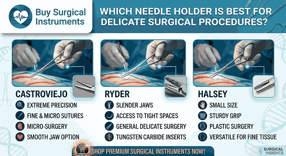 Castroviejo Ryder and Halsey needle holders comparison infographic by Buy Surgical Instruments.