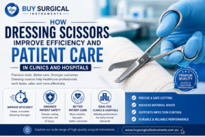 Infographic for surgical dressing scissors showing their benefits for patient care, safety, and clinic efficiency.