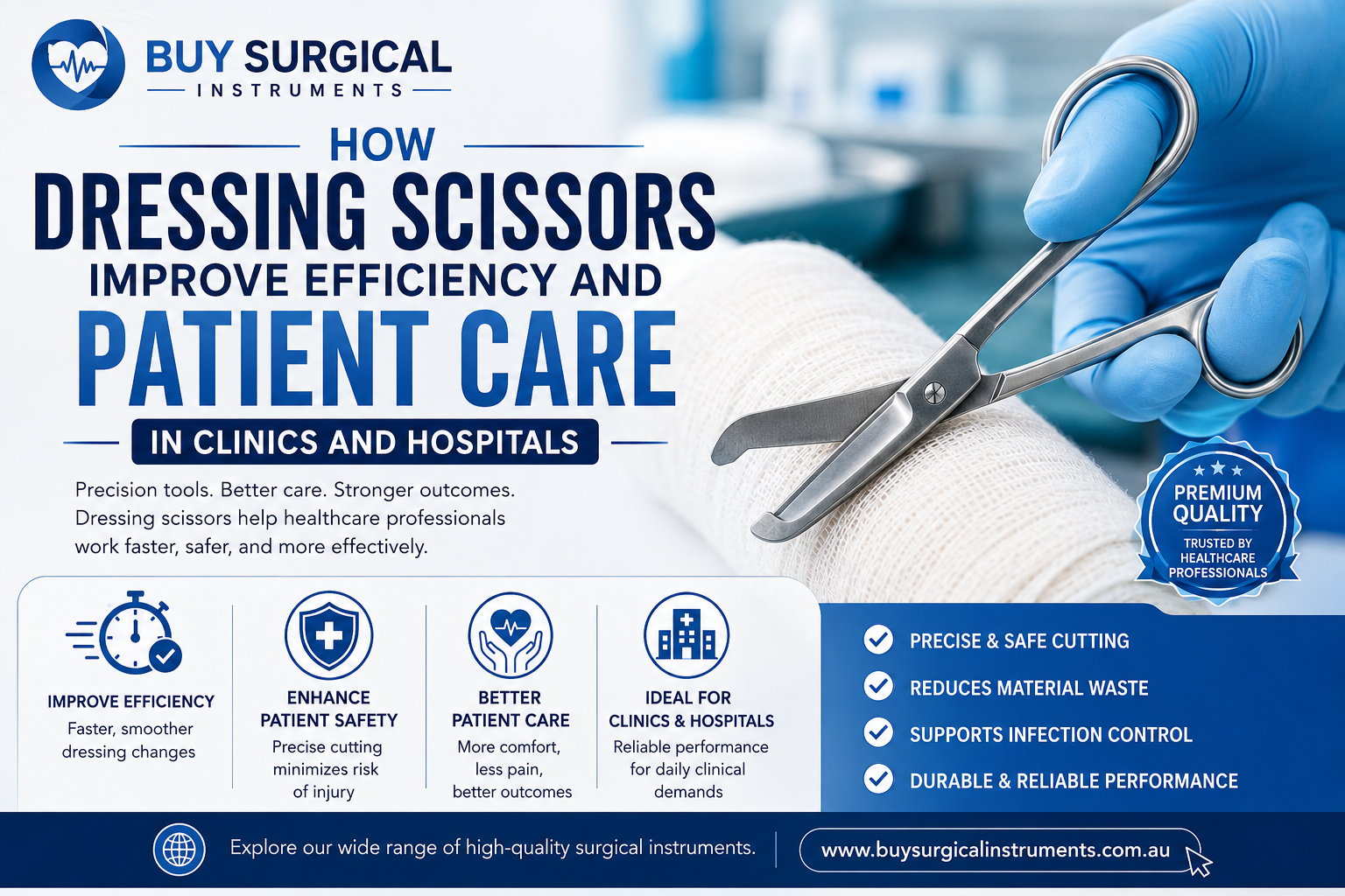 Infographic for surgical dressing scissors showing their benefits for patient care, safety, and clinic efficiency.