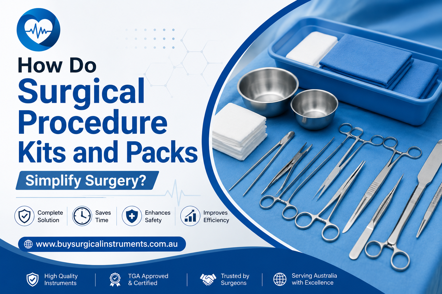Surgical procedure kits with instruments, trays, and drapes neatly arranged on a blue sterile field for surgical efficiency.
