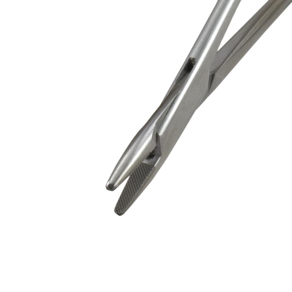 Macro close-up view of cross-serrated DuroGrip tungsten carbide jaw inserts on a stainless steel needle holder.