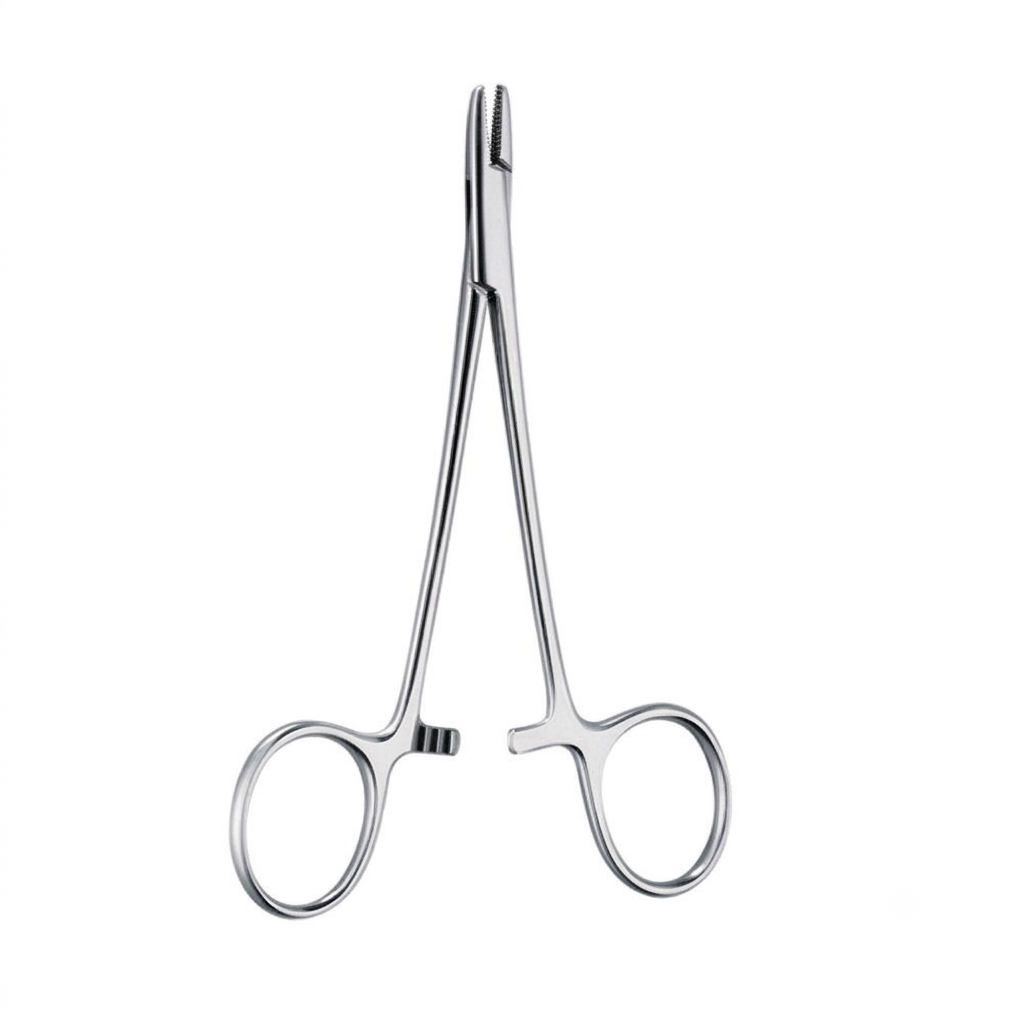 Surgical needle holder forceps with DuroGrip tungsten carbide jaw inserts for secure suturing needle control.