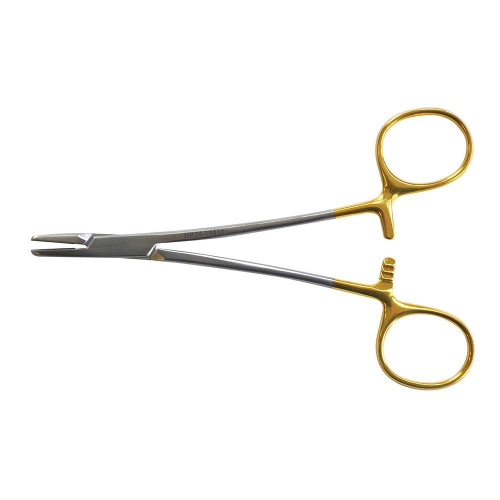 Gold-handled surgical needle holder forceps featuring DuroGrip tungsten carbide inserts for secure suturing control.