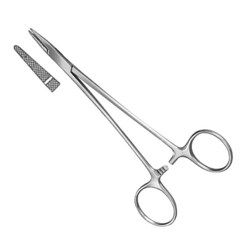 Surgical needle holder forceps featuring detailed close-up of textured DuroGrip tungsten carbide jaw inserts.